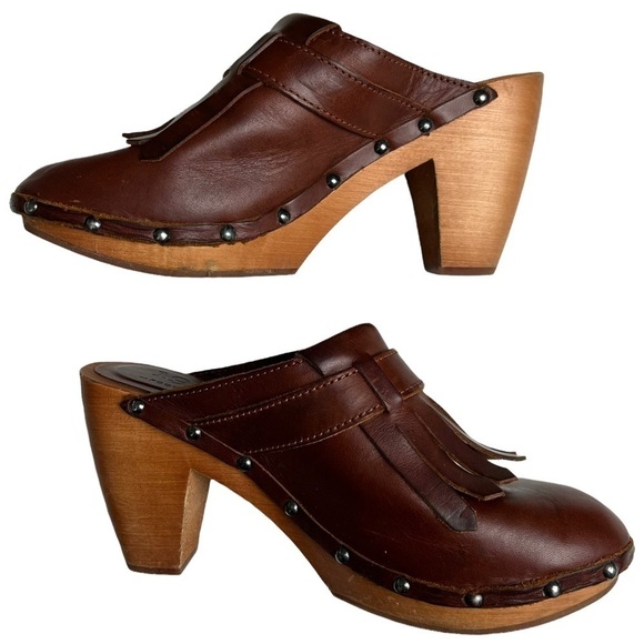 Madewell “1937 Footwear” Brown Leather Tassels Chunky Clog boho heels Size 7 - Picture 3 of 10